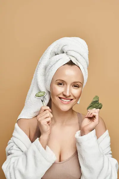 Woman Exuding Natural Beauty Wears Towel Turban While Delicately Holding — Stock Photo, Image