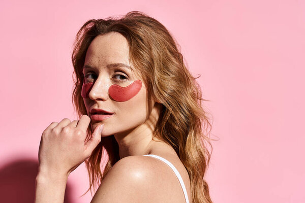 Потрясающая женщина с повязками на щеке изящно позирует, подчеркивая свою естественную красоту.