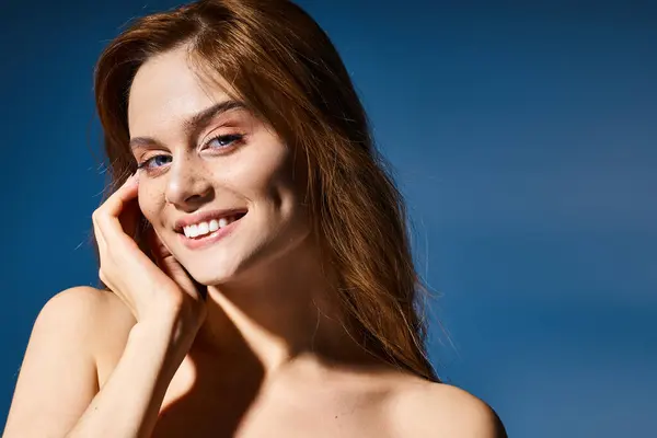 Beauty Portrait Smiling Woman Peach Makeup Freckles Touching Cheek Blue — Stock Photo, Image