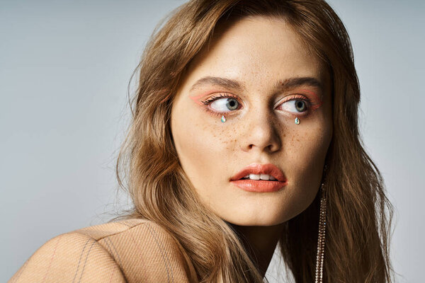 Голубоглазая женщина в бежевой куртке, в обнаженном макияже с джинсами на лице, смотрит в сторону