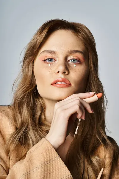 Mooie Vrouw Met Gezicht Juwelen Beige Jas Met Lipstick Van — Stockfoto