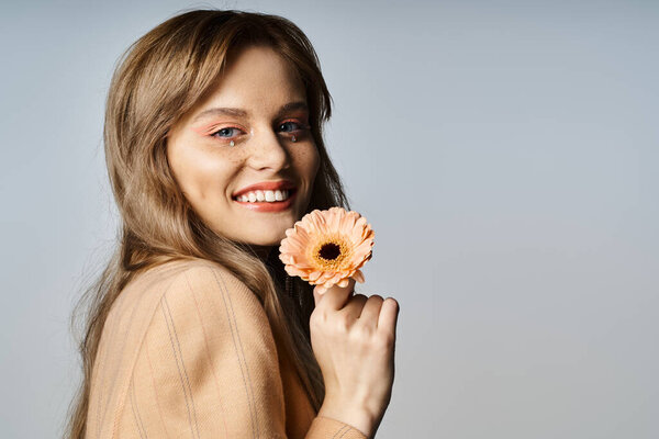 Улыбающаяся женщина с драгоценностями на лице в бежевой куртке, держа маргаритку персикового цвета на сером фоне