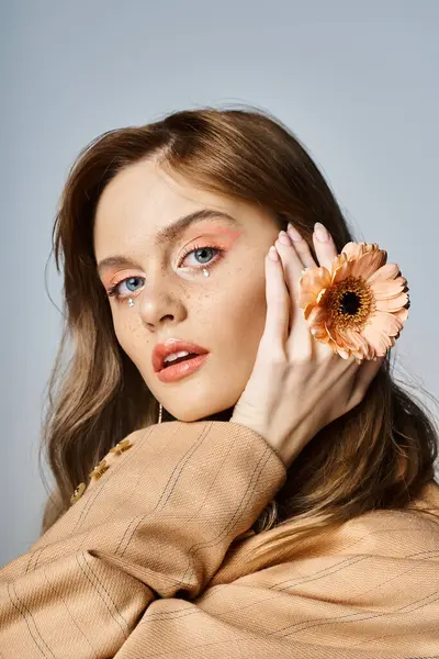 Skönhet Porträtt Ung Kvinna Med Ansikte Juveler Makeup Och Blomma — Stockfoto