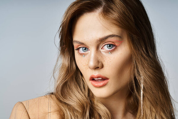 Привлекательная удивленная женщина с персиковым макияжем и блестящими драгоценностями на лице в студии