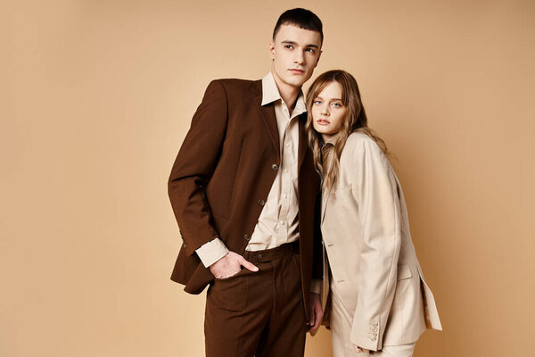 young handsome man in debonair suit posing next to his beautiful girlfriend who looking at camera