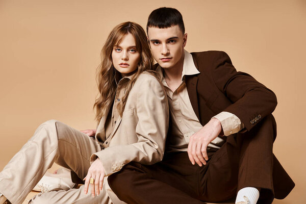 appealing chic couple in elegant suits sitting on floor and looking at camera on pastel backdrop