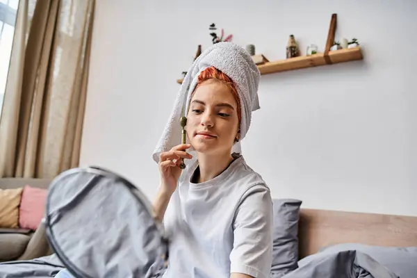 Good Looking Queer Person Cozy Homewear Using Face Roller Front — Stock Photo, Image