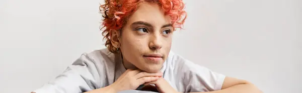 Relaxing Red Haired Queer Person Sitting Her Bed Home Looking — Stock Photo, Image