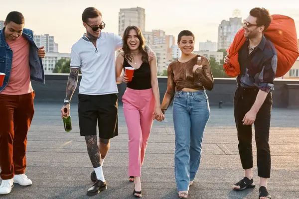 joyous interracial friends with different drinks and bean bag chair in hands at rooftop party