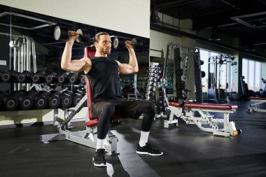 Aktif giyinmiş odaklanmış bir adam spor salonunda ağırlık kaldırıyor..