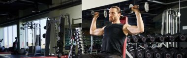Aktif giyinmiş kaslı bir adam spor salonunda dambılları kaldırıyor. Egzersiz yaparken güç ve kararlılığını gösteriyor..