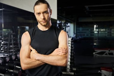Aktif giyinen atletik bir adam spor salonunda kollarını kavuşturmuş güvenle dikiliyor..