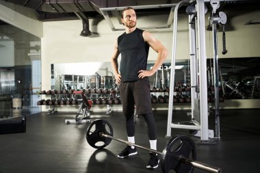 Aktif giyinen atletik bir adam spor salonunda halterin yanında duruyor. Sınırlarını zorlamaya ve kaldırmaya hazır..