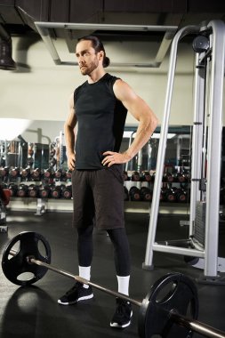 Odaklanmış, atletik bir adam spor salonundaki bir halterin önünde durur. Antrenmanda sınırlarını zorlamaya ve kaldırmaya hazırdır..
