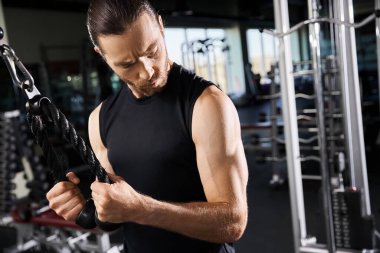 Aktif kıyafetli kaslı bir adam spor salonunda ağırlık kaldırıyor, antrenmandaki kararlılığına ve gücüne odaklanıyor..