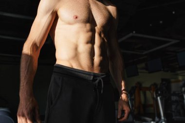 Üstsüz bir adam spor salonunda egzersiz yaparken kaslı vücudunu sergiliyor..