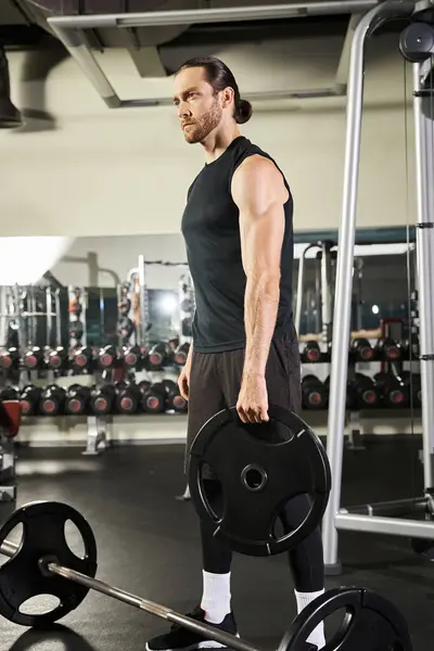 Athletic Man Gym Holding Barbell Showcasing Strength Determination Workout Session — Φωτογραφία Αρχείου