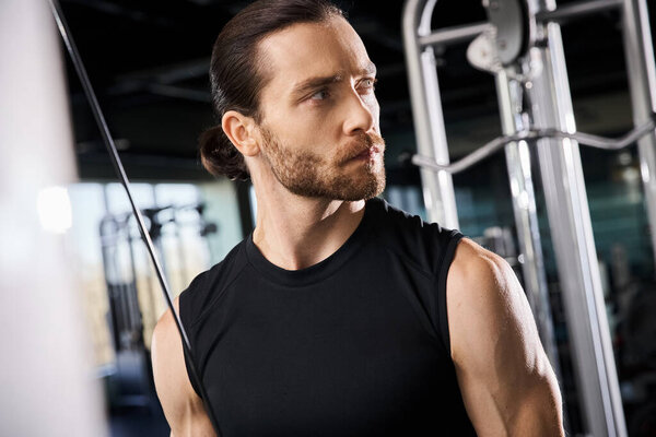 Muscular man in black tank top in gym, showcasing physical strength and dedication to fitness.
