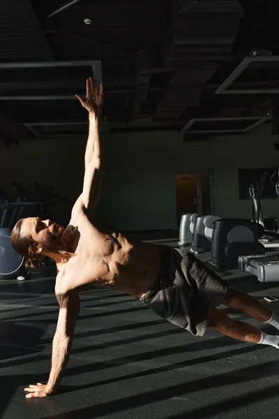 Muscular Man Shirtless Showcasing Strength Balance Performing Handstand Gym Setting — Stock Photo, Image