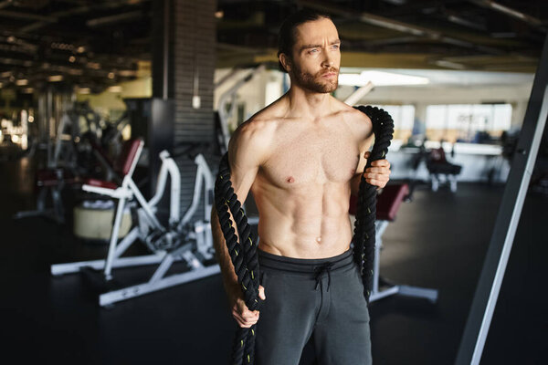 A shirtless, muscular man intensely focused on his gym workout with heavy ropes.