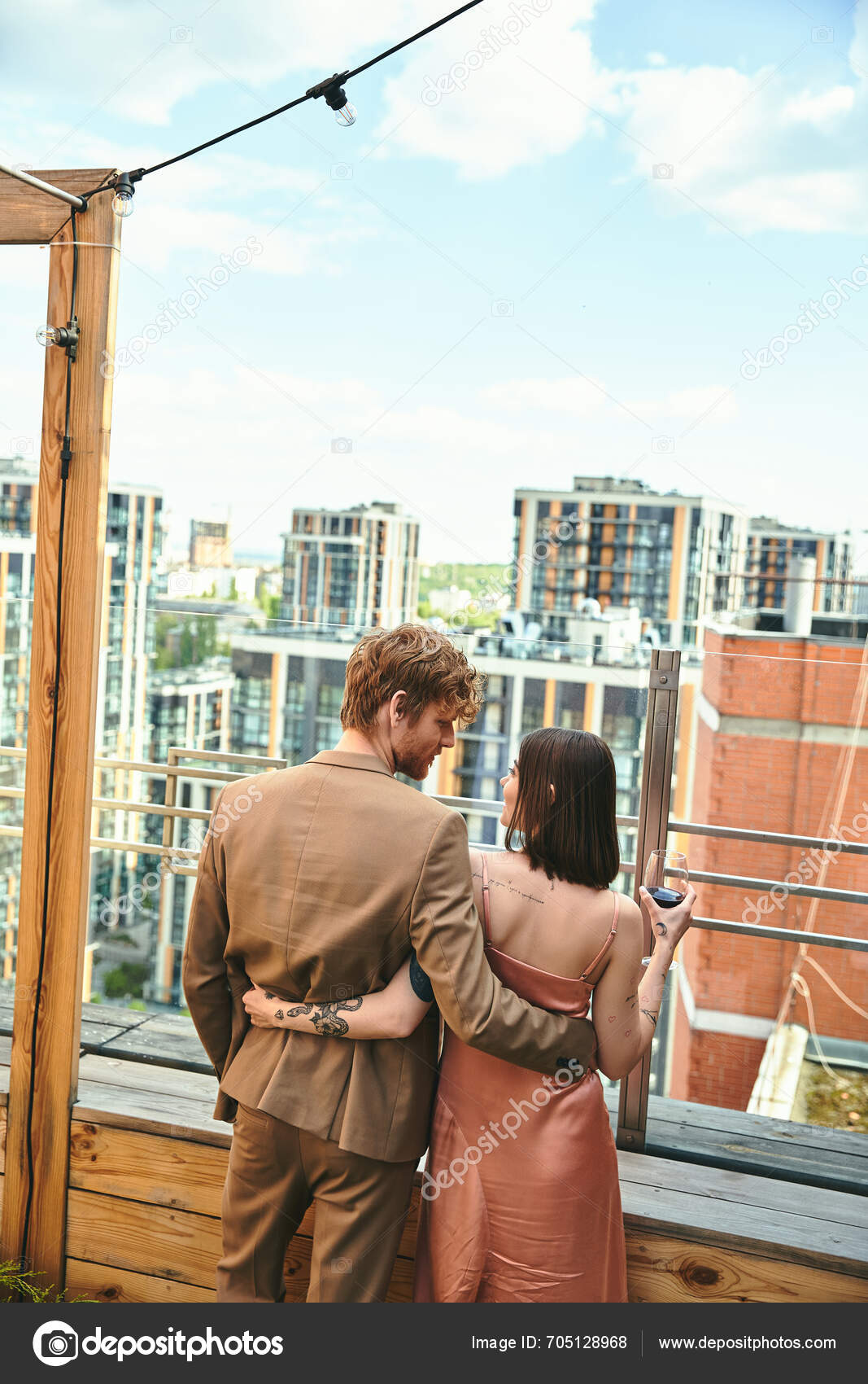 Man Woman Stand Confidently Rooftop Gazing Out Vast Cityscape Them ...