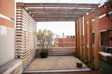 Tırmanma asmaları ve dolu bir saksı ile süslenmiş büyüleyici bir ahşap pergola içeren sakin bir açık alan.