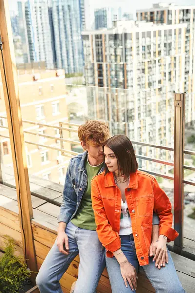 Man Woman Sitting Top Balcony Admiring View While Lost Deep — Stock Photo, Image