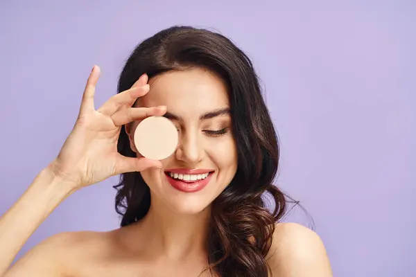 Beautiful Woman Delicately Holds Cream Her Face — Stock Photo, Image