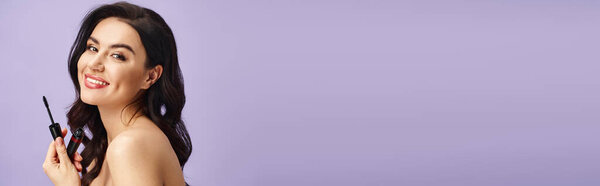 a woman with natural beauty holding a mascara in her right hand