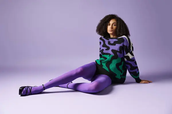 Young Woman Dressed Vibrant Purple Green Tights Sweater Strikes Pose Stock Photo