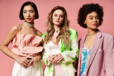 Kafkas, Asyalı ve Afro-Amerikan kökenli üç güzel kadın pembe bir stüdyo arka planına karşı birlikte duruyorlar..