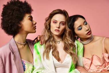 Aralarında Kafkasyalı, Asyalı ve Afrikalı Amerikalıların da bulunduğu bir grup kadın, pembe arka plana karşı bir stüdyoda birlikte duruyorlar..