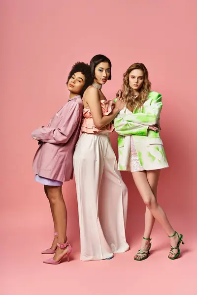 Three women of Caucasian, Asian, and African American descent stand together against a pink studio background in a display of diversity and beauty.