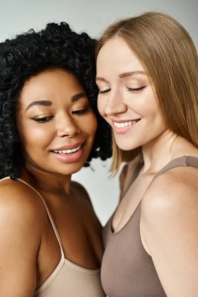Two Beautiful Diverse Women Cozy Pastel Underwear Smiling Hugging Each — Foto de Stock