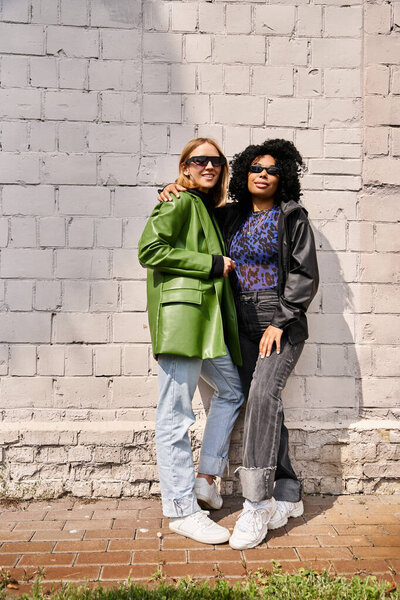 Two diverse women in cozy casual attire stand side by side in front of a brick wall.