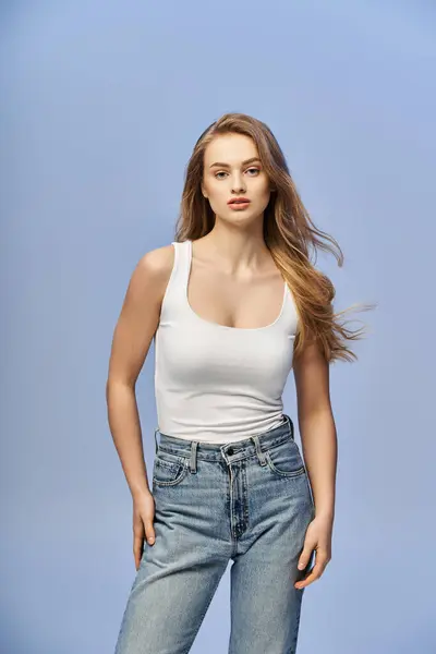Young Beautiful Blonde Woman Long Hair Casually Dressed Jeans Tank — Stock Photo, Image