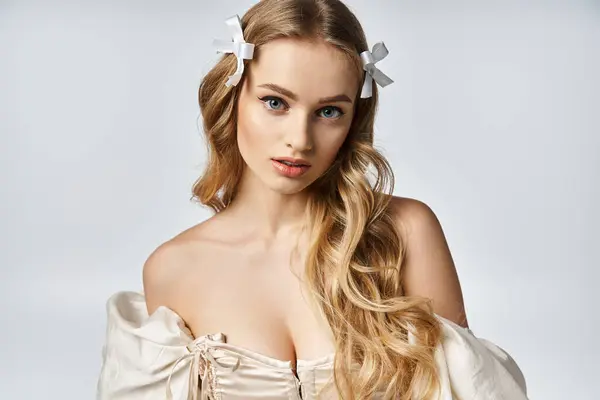 一位金发碧眼的年轻女子穿着飘逸的白色连衣裙 一头蓬松的长发散发出优雅的气息 — 图库照片
