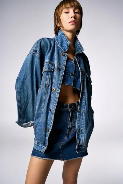 stock image A young woman with short hair stylishly wears a jean jacket and skirt in a studio setting.