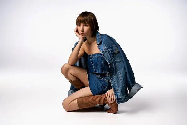 短い髪のファッションフォワードの若い女性はスタイリッシュなデニムジャケットで地面にエレガントに座ります — ストック写真