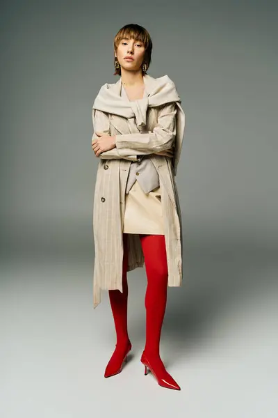 Young Woman Short Hair Strikingly Dressed Trench Coat Vibrant Red — Stock Photo, Image