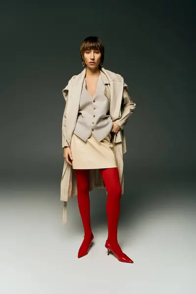 Young Woman Short Hair Poses Trench Coat Red Tights Studio — Stock Photo, Image
