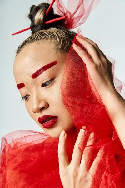 Woman Red Makeup Red Veil Strikes Bold Pose — Stock Photo, Image