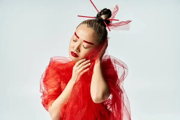 Asian Woman Vibrant Red Dress Veil Posing Gracefully Foto Stock Royalty Free