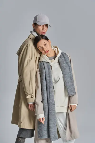 Young Man Woman Stand Elegantly Next Each Other Trench Coats — Stock Photo, Image
