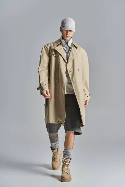 Young Tattooed Man Showcases Edgy Look Confidently Walks Runway Trench — Stock Photo, Image