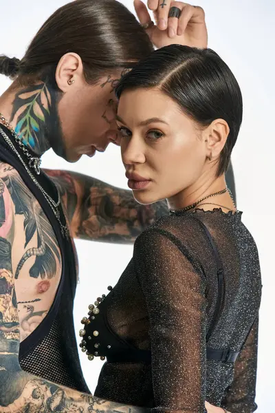 Stylish Young Man Woman Intricate Arm Tattoos Posing Studio Grey — Stock Photo, Image