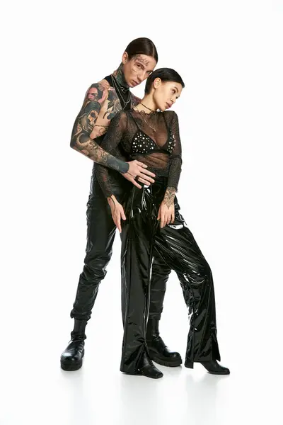 Stylish Tattooed Man Woman Dressed Black Posing Together Studio Grey — Foto de Stock