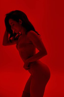 İç çamaşırlı bir kadın canlı kırmızı bir odada elleri kalçasında duruyor..