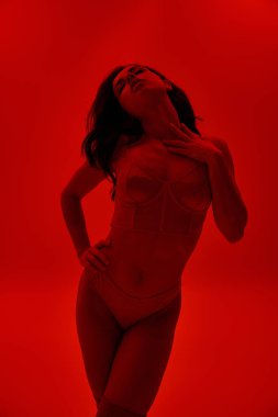 Kırmızı arka plana karşı iç çamaşırlı çekici kadın.