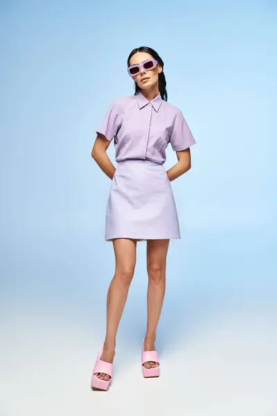 鮮やかな紫色のドレスを着て ピンクの靴にマッチングしたサングラスの素晴らしい女性 青い背景に夏のバイブを除く — ストック写真